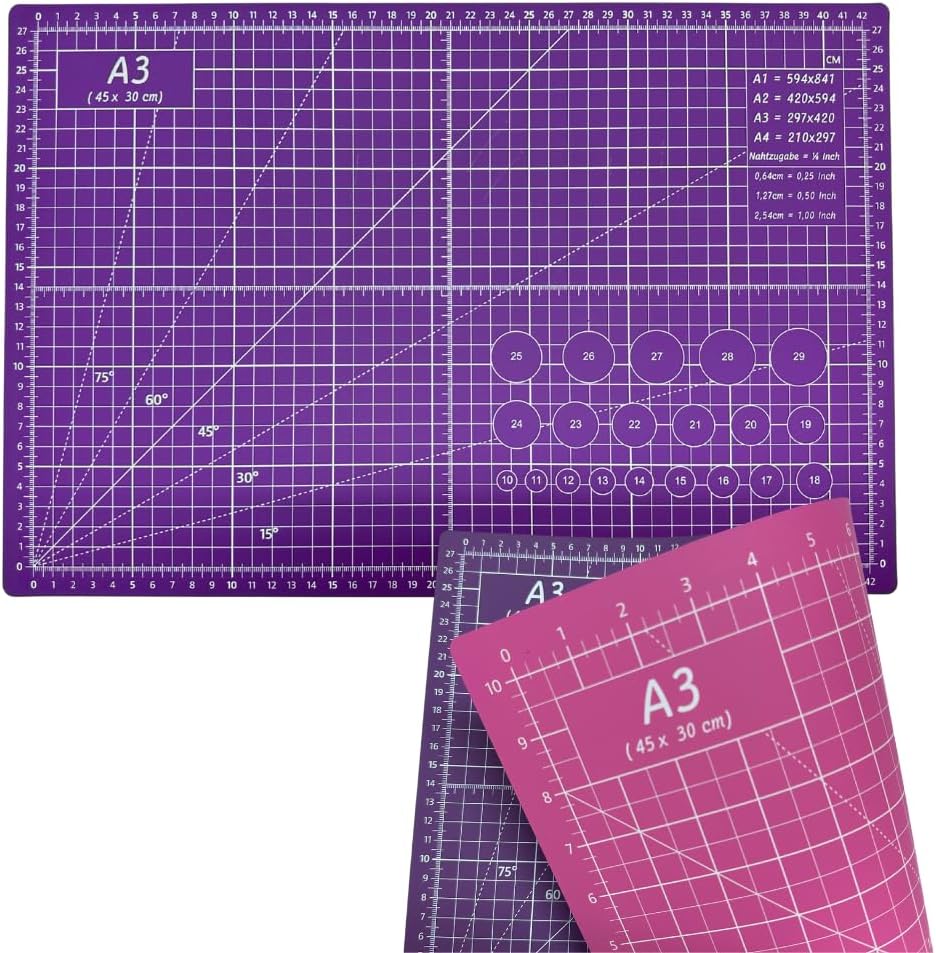 Professionelle Schneidematte A3 Rosa und Lila Ideal für Patchwork, Nähen und Basteln Selbstheilend 45x30 cm